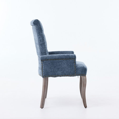 Upholstered Chenille Arm Dining Chair, Tufted Accent Chair with Curved Solid Wood Legs, Blue, Single Pack