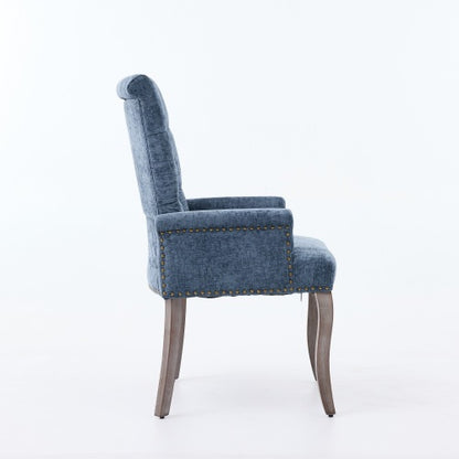 Upholstered Chenille Arm Dining Chair, Tufted Accent Chair with Curved Solid Wood Legs, Blue, Single Pack
