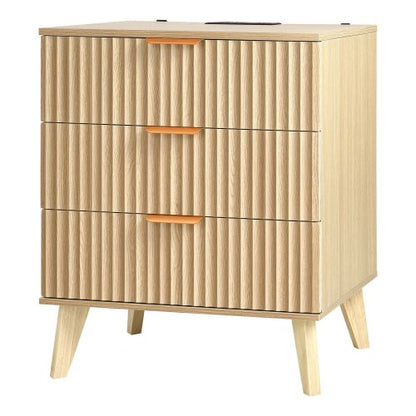 Khaki Mid-Century Fluted Nightstand with Charging Station