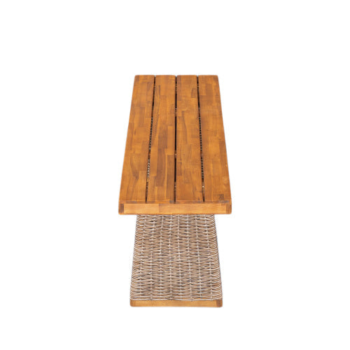 Outdoor 1pcs Acacia Wood Bench,Teak Finish+ Brown Wicker