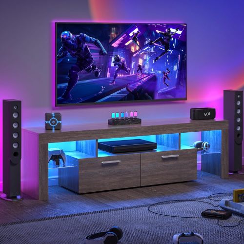 Farmhouse Brown LED TV Stand, Glossy Entertainment Center with Drawers for Up to 75 Inch TV