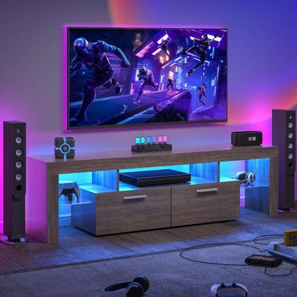 Farmhouse Brown LED TV Stand, Glossy Entertainment Center with Drawers for Up to 75 Inch TV