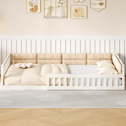 Wood Full Size Upholstered Platform Bed with Guardrail and Pillow, Beige