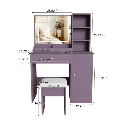 Purple Modern Vanity Desk Set, Dimmable 3?Color LED Mirror, MDF Build, Padded Stool for Bedroom Apartment