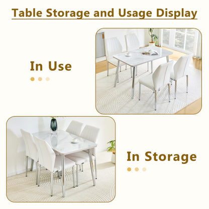 5-Piece Marble Glass Dining Set, Double-Layer Table & 4 White PU Shell Pattern Chairs