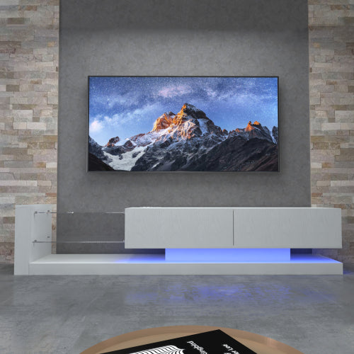 70 Inch White Modern LED TV Stand with Power Outlet Tempered Glass Entertainment Center for 75 Inch TV
