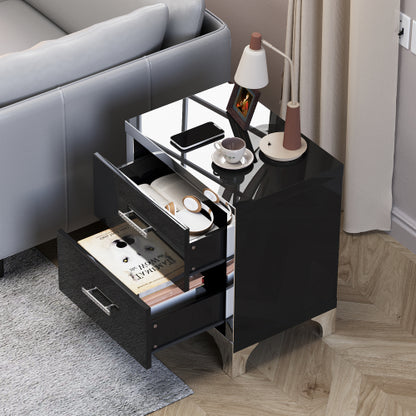 High Gloss Mirrored Nightstand with 2 Drawers,Modern End Table with Drawers,Mirrored High Gloss Wood Nightstand Metal Handle Bedside End Table for Bedroom, Dorm,Living Room,Black