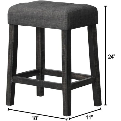 3-Piece Charcoal Black Counter Height Dining Set, Solid Wood Table with Outlet & 2 Tufted Linen Stools