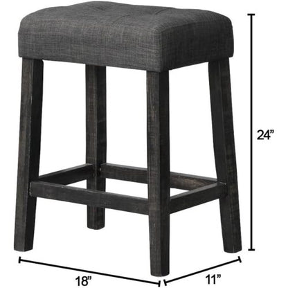 3-Piece Charcoal Black Counter Height Dining Set, Solid Wood Table with Outlet & 2 Tufted Linen Stools