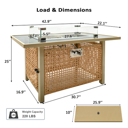 K&K 43" Propane Gas Fire Pit Table, 60000 BTU Rectangular Open Weave Wicker Fire Pit with Glass Wind Guard for Outside Patio Deck Garden Backyard - Orange & Mustard Yellow