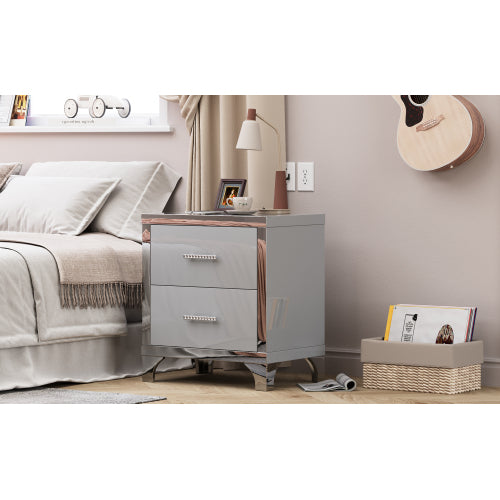 High Gloss Mirrored Nightstand with 2 Drawers,Modern End Table with Drawers,Mirrored High Gloss Wood Nightstand Metal Handle Bedside End Table for Bedroom, Dorm,Living Room,Grey