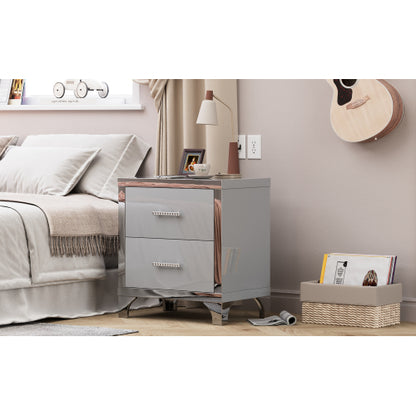 High Gloss Mirrored Nightstand with 2 Drawers,Modern End Table with Drawers,Mirrored High Gloss Wood Nightstand Metal Handle Bedside End Table for Bedroom, Dorm,Living Room,Grey