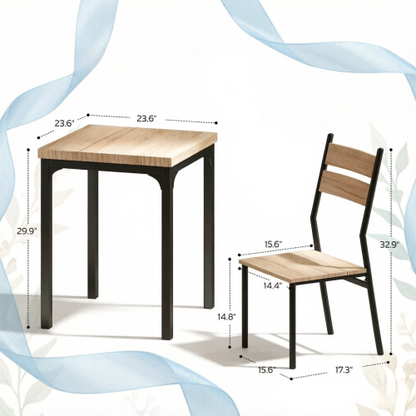 3-Piece Rustic Industrial Dining Set, Light Wood Grain MDF Table & 2 Slatted High Back Chairs