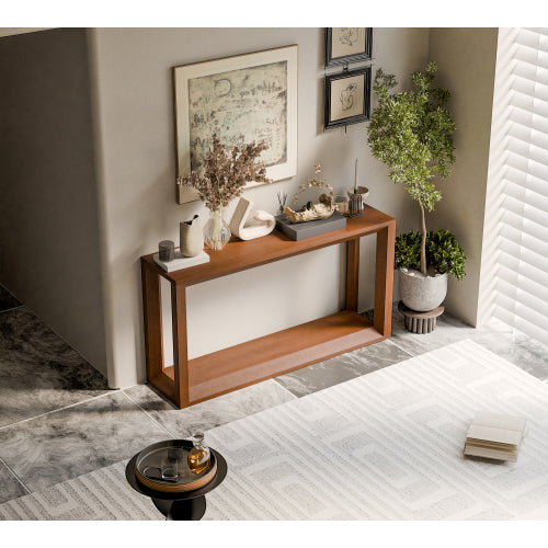 60 inch Rectangular Solid Wood Veneer Console Table, Wide Sofa Table,  Behind Couch Table with Ample Storage for Entryway & Living Room, Dark Brown
