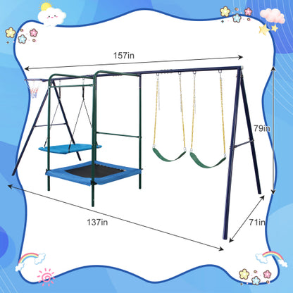4 in 1 Swing Set With Belt Swing, Hammock Swing, Trampolone,Basket Rim for Backyard