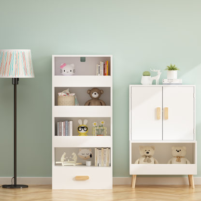 4-Tier Bookshelf with Sliding Drawers and Bottom Drawer