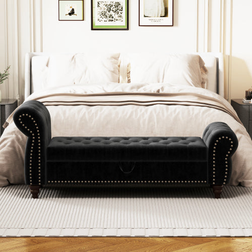 64.5inch  Bed Bench for Bed Room Nails Tufted Chaise of Lounge with Storage Velvet Upholstery Black