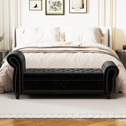 64.5inch  Bed Bench for Bed Room Nails Tufted Chaise of Lounge with Storage Velvet Upholstery Black