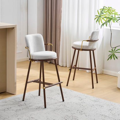 Indoor Upholstered Bar Stool with Metal Frame, Walnut Finished and Beige Upholstery, Set of 2