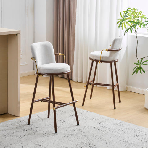 Indoor Upholstered Bar Stool with Metal Frame, Walnut Finished and Beige Upholstery, Set of 2
