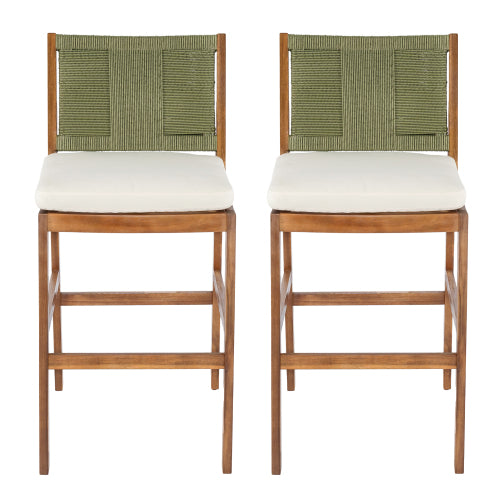 Outdoor Acacia Wood Bar Stools (Set of 2), Teak Finish Bar Height Chairs with Cream Cushion & Green Wicker Back, Counter Height Stools for Patio, Poolside, Kitchen Island