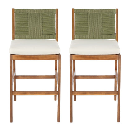 Outdoor Acacia Wood Bar Stools (Set of 2), Teak Finish Bar Height Chairs with Cream Cushion & Green Wicker Back, Counter Height Stools for Patio, Poolside, Kitchen Island