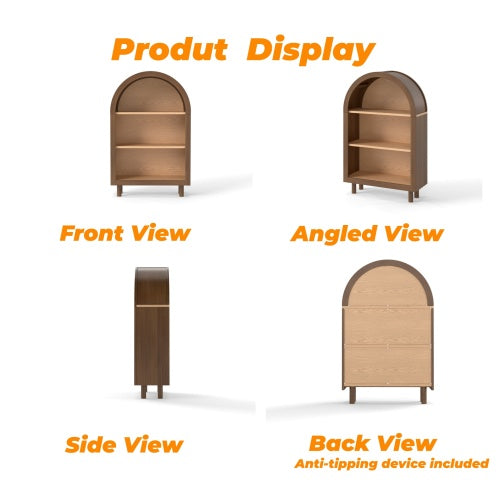 Walnut Arched Top 3-Tier Open Bookshelf Glaze Finish Storage Cabinet for Living Room Entryway Bedroom