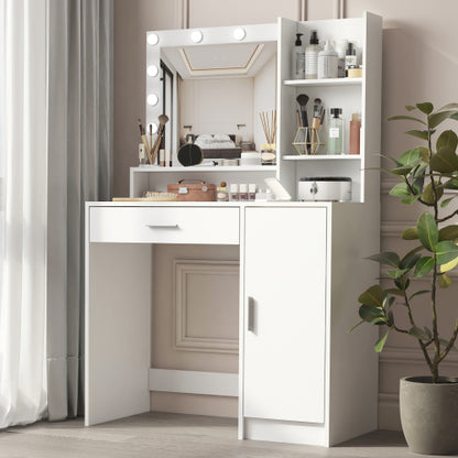 White Vanity Desk with Mirror & Light, 12 LED Bulbs, Large Drawer, 3 Shelves & 3-Level Cabinets, 3 Lighting Modes