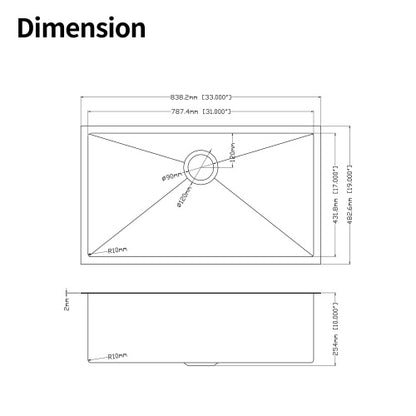 33x19x10"Undermount Single Bowl Stainless Steel Kitchen Sink