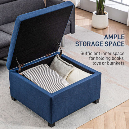 Blue Button Tufted Storage Ottoman with Flip Top, Eucalyptus Wood Frame Square Foot Stool with Safety Metal Hinge