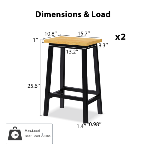Solid Wood Bar Stools (Not Cheap Iron), 25.6inch Tall Set of 2 Bar Chairs, Kitchen Counter Stools with Footrests, Farmhouse Stools for Dining Room, Kitchen, Counter, Black