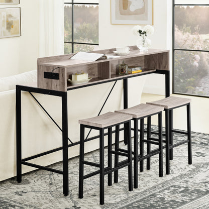 4-Piece 59inch  Bar Table Set with LED & Outlet, MDF Table & 3 Saddle Stools