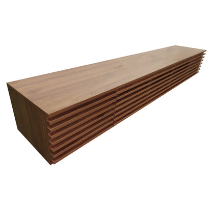 86.6 inch Walnut Legless Horizontal Slat Flip Door TV Stand Low Profile Media Console Fits 90 inch TV