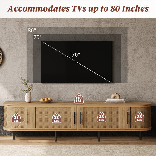 70.8 inch Natural Wood 4-Door PE Rattan TV Stand Iron Leg Media Console For 80 Inch TV