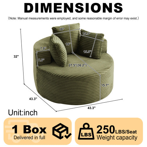 43-Inch Round Corduroy Single Lounge Chair with 3 Pillows, Non-Slip Base Compressed Shipping for Bedroom Game-Room Living-Room