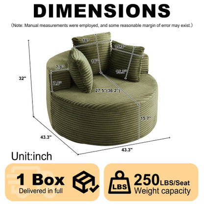 43-Inch Round Corduroy Single Lounge Chair with 3 Pillows, Non-Slip Base Compressed Shipping for Bedroom Game-Room Living-Room