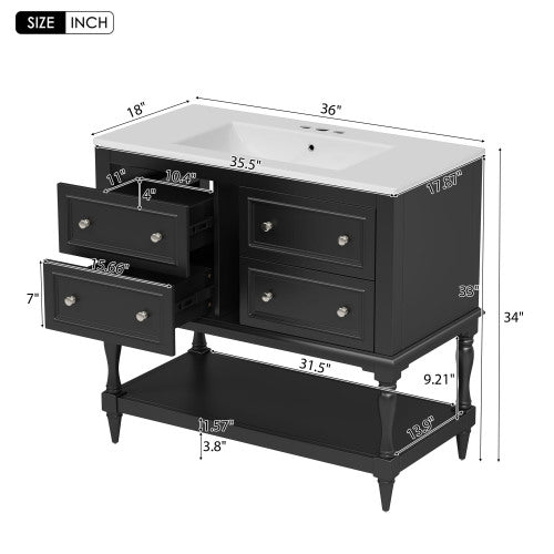 36" Bathroom Vanity Cabinet with Sink Combo Set, Undermount Ceramic Sink, Free Standing Vanity Set with 4 Drawers, Solid Wood Frame Bathroom Cabinet, Black