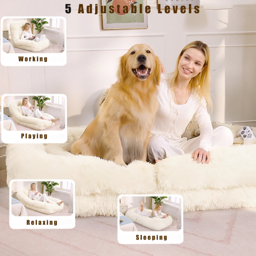 Beige 5-Position Adjustable Human-Size Floor Sofa Bed, Plush Faux Fur