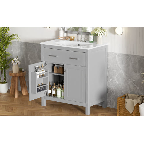 30" Bathroom Vanity with Ceramic Sink, Modern Gray Single Bathroom Cabinet with 2 Doors and a Shelf, Soft Close Doors