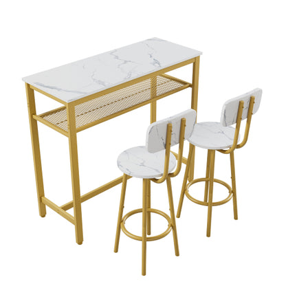 3-Piece Counter Height Dining Set with White Faux Marble Tabletop and 2 Stools, Space Saving Bar Table Set