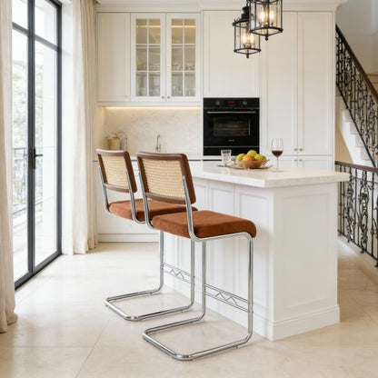 Natural Woven Bar Stool 2-Piece Set with Solid Wood Backrest 25 Inches Medieval Modern Style Counter Stool Coffee Color Velvet Kitchen Stool Chrome Metal Legs.