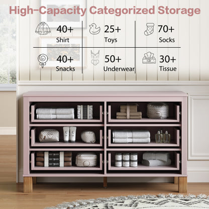 Pink 6-Drawer Solid Wood Frame Modern Bedroom Storage Dresser
