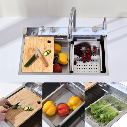 Pull-out Facuet Single Bowl Sink Kitchen Vegetable Sink 304 Whale Waterfall Sink Stainless Steel Dish Sink Vegetable Sink Household Vegetable Washing Basin, Dark Gray