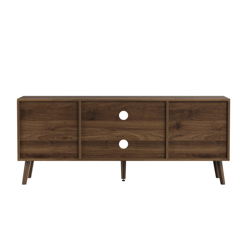 55 Inch Walnut Vertical Fluted Door Mid-Century TV Stand Adjustable Shelf Media Console Cabinet