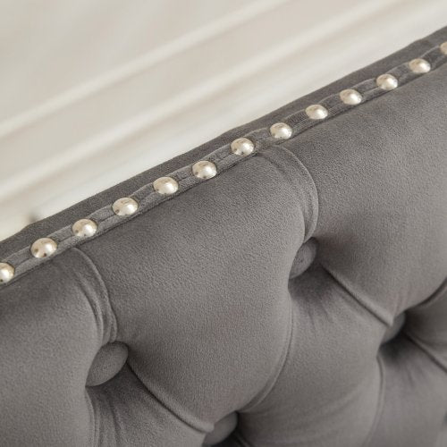 Velvet Double Dining Loveseat Bench, Kitchen & Dining Seating, 2-Seat Tufted Bench w/Handmade Buttons, Wing Back, Brushed Silver Stainless Steel Legs, Mid Century Modern,Single Pack,Gray