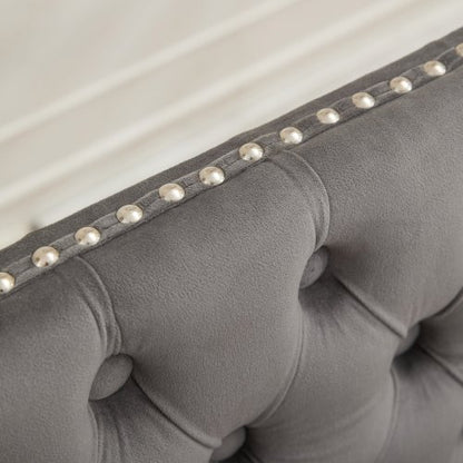 Velvet Double Dining Loveseat Bench, Kitchen & Dining Seating, 2-Seat Tufted Bench w/Handmade Buttons, Wing Back, Brushed Silver Stainless Steel Legs, Mid Century Modern,Single Pack,Gray