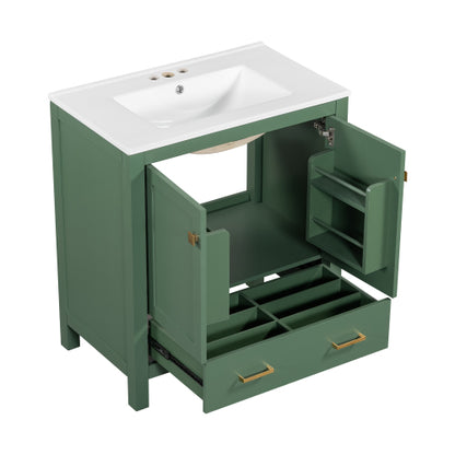 30 Inch Green Bathroom Vanity with Single Sink, Combination Under Counter Sink, Bathroom Storage Cabinet with 2 Doors and a Drawer, Soft Closure, Multifunctional Storage(WF324043)