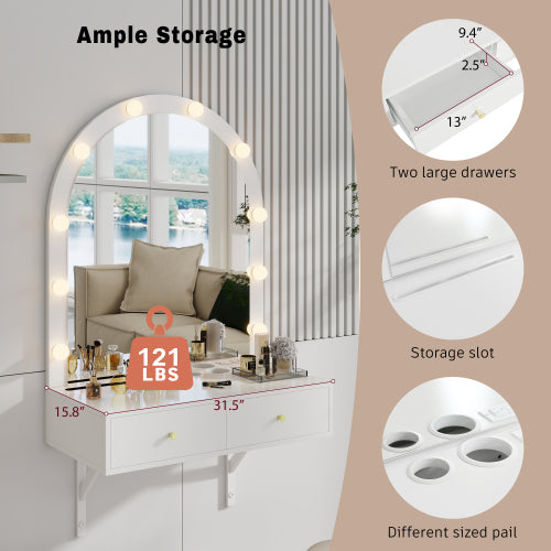 White Floating Wall Mounted Vanity Desk with LED Mirror, 3 Color Lights, Power Outlet & USB, Large Storage