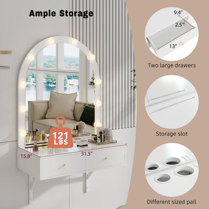 White Floating Wall Mounted Vanity Desk with LED Mirror, 3 Color Lights, Power Outlet & USB, Large Storage