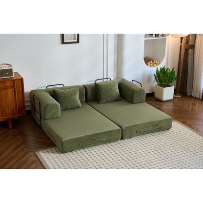 59-Inch Green Corduroy Convertible Sleeper Sofa-Bed Fixed-Shape Metal-Frame Floor Lounge Couch with Cylindrical Pillow No-Assembly